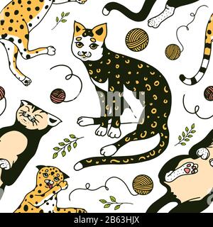 Funny Cats. Seamless pattern or background. Cute funny Domestic kitty poster. Sleeping animals. Hand drawn engraved sketch banner for fabric, textile Stock Vector