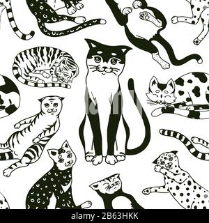 Funny Cats. Seamless pattern or background. Cute funny Domestic kitty poster. Sleeping animals. Hand drawn engraved sketch banner for fabric, textile Stock Vector