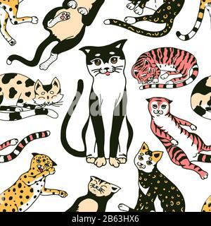 Funny Cats. Seamless pattern or background. Cute funny Domestic kitty poster. Sleeping animals. Hand drawn engraved sketch banner for fabric, textile Stock Vector
