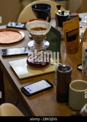 Alternative manual coffee brewing. Accessories and items for alternative coffee brewing Stock Photo