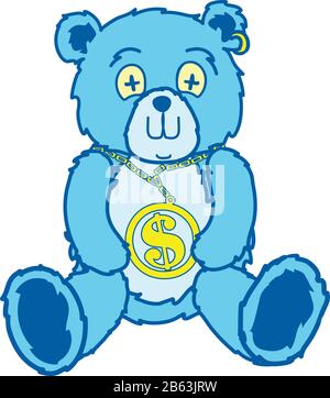 Line art bear with a large chain & dollar sign meddle siting down Stock Vector