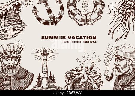 Sea Poster. Nautical banner or background. Lighthouse, mermaid and marine captain, octopus and shipping sail, old sailor, ocean waves, seaman and Stock Vector