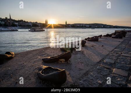 The Shoes on the Danube Bank. A Memorial in Budapest, Hungary to honour Jews killed during World War II. Stock Photo