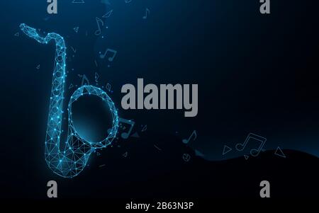 Jazz music festival banner poster.  Saxophone with notes form lines, triangles and particle style design Stock Vector