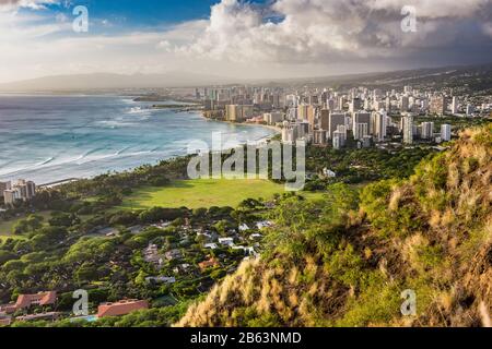 View from Diamond Head over Waikiki Beach and Honolulu on the Hawaiian island of O'ahu in the United States Stock Photo