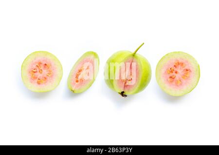 Pink guava fruit on white background. Copy space Stock Photo