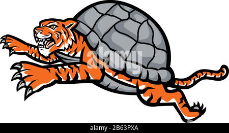 Mascot icon illustration of head of a Turtle Tiger, a tiger that is half turtle with shell leaping jumping  viewed from side on isolated background in Stock Vector