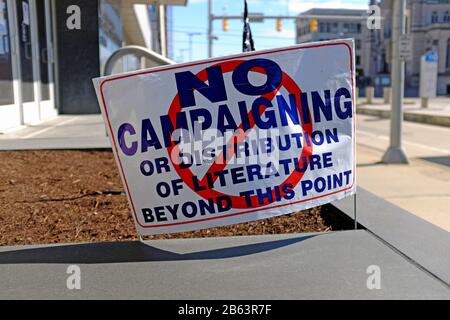 A sign outside the Cuyahoga County Board of  Elections in downtown Cleveland, Ohio warns no campaigning or distribution of literature allowed. Stock Photo