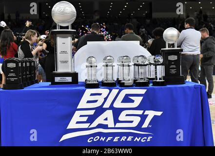 Chicago, Illinois, USA. 09th Mar, 2020. Trophy and awards table at the Big East Tournament Finals NCAA game between (1) DePaul vs (2) Marquette at Wintrust Area in Chicago, Illinois. Dean Reid/CSM/Alamy Live News Stock Photo