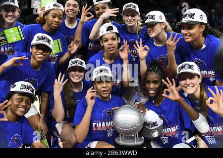 Chicago, Illinois, USA. 09th Mar, 2020. DePaul teammates posing the conference trophy at during the Big East Tournament Finals NCAA game between (1) DePaul vs (2) Marquette at Wintrust Area in Chicago, Illinois. Dean Reid/CSM/Alamy Live News Stock Photo