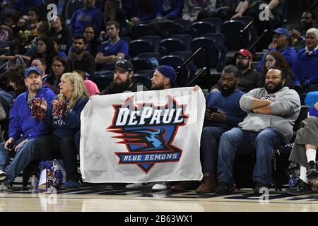 Chicago, Illinois, USA. 09th Mar, 2020. Fans hold up DePaul banner during the Big East Tournament Finals NCAA game between (1) DePaul vs (2) Marquette at Wintrust Area in Chicago, Illinois. Dean Reid/CSM/Alamy Live News Stock Photo