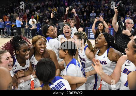 Chicago, Illinois, USA. 09th Mar, 2020. DePaul teammates celebrate at the final buzzer during the Big East Tournament Finals NCAA game between (1) DePaul vs (2) Marquette at Wintrust Area in Chicago, Illinois. Dean Reid/CSM/Alamy Live News Stock Photo