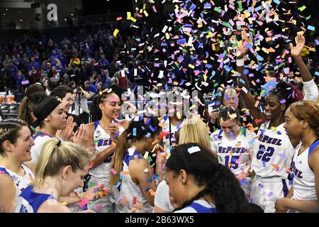 Chicago, Illinois, USA. 09th Mar, 2020. DePaul players get shower with confetti during the Big East Tournament Finals NCAA game between (1) DePaul vs (2) Marquette at Wintrust Area in Chicago, Illinois. Dean Reid/CSM/Alamy Live News Stock Photo