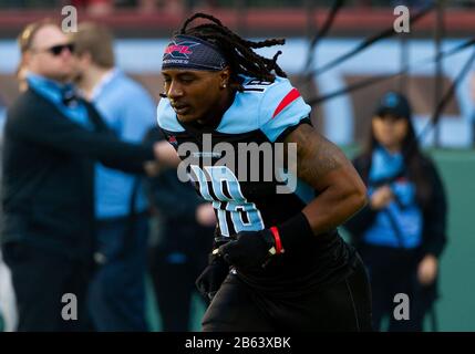 Arlington, Texas, USA. 7th Mar, 2020. Dallas Renegades wide receiver Freddie Martino (18) jogs on the field the XFL game between NY Guardians and the Dallas Renegades at Globe Life Park in Arlington, Texas. Matthew Lynch/CSM/Alamy Live News Stock Photo