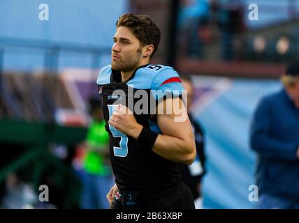 Arlington, Texas, USA. 7th Mar, 2020. Dallas Renegades quarterback Philip Nelson (9) jogs on the field before the XFL game between NY Guardians and the Dallas Renegades at Globe Life Park in Arlington, Texas. Matthew Lynch/CSM/Alamy Live News Stock Photo
