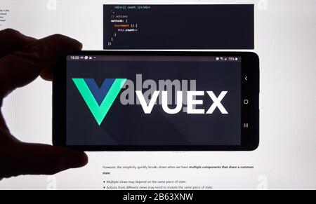 Montreal, Canada - March 08, 2020: Vuex logo on a screen of a cellphone. Vue.js is an open-source Model view JavaScript framework for building user in Stock Photo