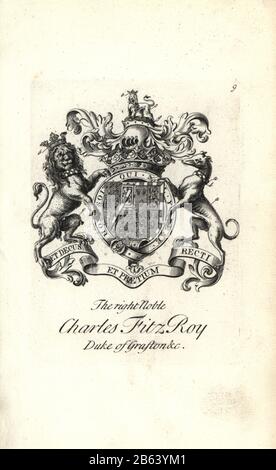 Coat of arms and crest of the right noble Charles FitzRoy, 2nd Duke of Grafton, 1683-1757. Copperplate engraving by Andrew Johnston after C. Gardiner from Notitia Anglicana, Shewing the Achievements of all the English Nobility, Andrew Johnson, the Strand, London, 1724. Stock Photo