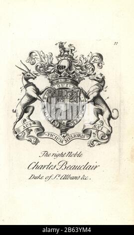 Coat of arms and crest of the right noble Charles Beauclerk, 1st Duke of St Albans, 1670-1726. Charles Beauclair, Duke of St. Albans,  Copperplate engraving by Andrew Johnston after C. Gardiner from Notitia Anglicana, Shewing the Achievements of all the English Nobility, Andrew Johnson, the Strand, London, 1724. Stock Photo