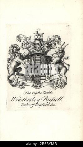 Coat of arms and crest of the right noble Wriothesley Russell, 3rd Duke of Bedford, 1708-1732. Copperplate engraving by Andrew Johnston after C. Gardiner from Notitia Anglicana, Shewing the Achievements of all the English Nobility, Andrew Johnson, the Strand, London, 1724. Stock Photo