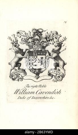 Coat of arms and crest of the right noble William Cavendish, 2nd Duke of Devonshire, 1672-1729. Copperplate engraving by Andrew Johnston after C. Gardiner from Notitia Anglicana, Shewing the Achievements of all the English Nobility, Andrew Johnson, the Strand, London, 1724. Stock Photo