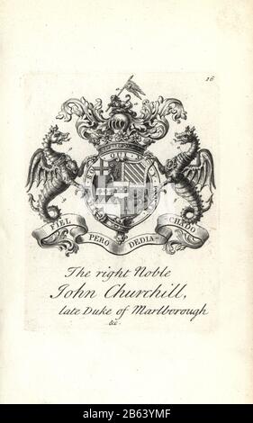 Coat of arms and crest of the right noble John Churchill, 1st Diuke of Marlborough, 1650-1722. Copperplate engraving by Andrew Johnston after C. Gardiner from Notitia Anglicana, Shewing the Achievements of all the English Nobility, Andrew Johnson, the Strand, London, 1724. Stock Photo