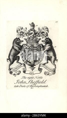 Coat of arms and crest of the right noble John Sheffield, 1st Duke of Buckhimhamshire, 1648-1721. Copperplate engraving by Andrew Johnston after C. Gardiner from Notitia Anglicana, Shewing the Achievements of all the English Nobility, Andrew Johnson, the Strand, London, 1724. Stock Photo