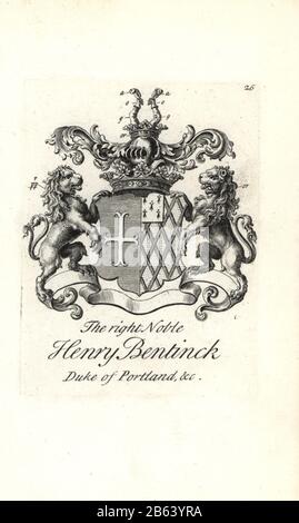 Coat of arms and crest of the right noble Henry Bentinck, 1st Duke of Portland, 1682-1726. Copperplate engraving by Andrew Johnston after C. Gardiner from Notitia Anglicana, Shewing the Achievements of all the English Nobility, Andrew Johnson, the Strand, London, 1724. Stock Photo