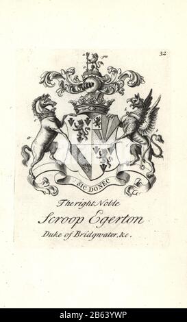 Coat of arms and crest of the right noble Scroop Egerton, 1st Duke of Bridgwater, 1681-1744. Copperplate engraving by Andrew Johnston after C. Gardiner from Notitia Anglicana, Shewing the Achievements of all the English Nobility, Andrew Johnson, the Strand, London, 1724. Stock Photo
