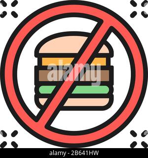 Forbidden sign with a hamburger, no fast food flat color line icon. Stock Vector