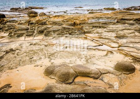 The harsh rocky coastline at Artillery Rock along the Great Ocean Road, Victoria, Australia. Stock Photo