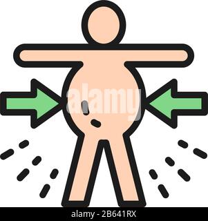 Abdominal distention, obesity, stomachache flat color line icon. Stock Vector