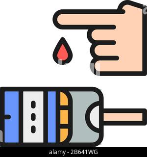 Blood sugar test, glucometer, glucose, diabetes flat color line icon. Stock Vector
