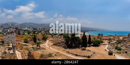 Ancient city of Byblos and modern city of Jbeil sit on the coast of the Mediterranean Sea in Lebanon.  Color. Stock Photo