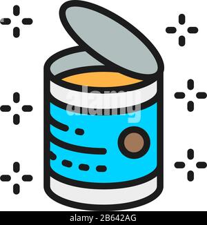 Opened can, food tins flat color line icon. Stock Vector