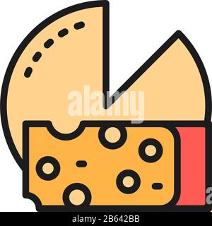 Cheese wheel with slice flat color line icon. Stock Vector