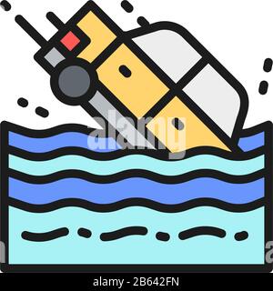 Car sinks in water flat color line icon. Stock Vector
