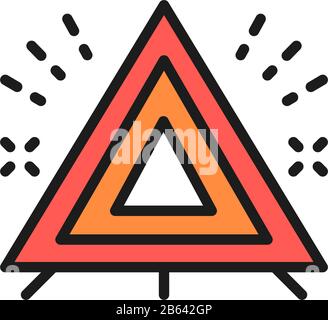 Warning triangle, automobile emergency stop sign flat color line icon. Stock Vector