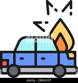 Fire under hood of car, automobile broke down, accident flat color line icon. Stock Vector