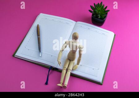 The figurine of a little wooden man sits on an open notebook, next to it stands a silver pen and an artificial green flower. Everything stands on a Stock Photo