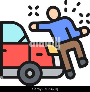 Car knocks down a man, crash flat color line icon. Stock Vector