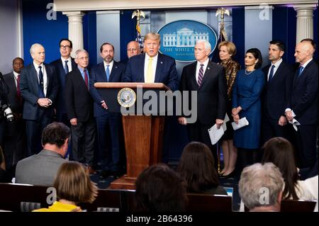 Washington, United States. 09th Mar, 2020. President Donald Trump speaks at the Coronavirus Task Force Press Conference. Credit: SOPA Images Limited/Alamy Live News