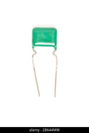 Electric capacitor close-up isolated on white Stock Photo