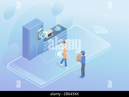 Young woman control modern kitchen appliances with smartphone, online shopping, buy food. Vector illustration flat style design for Internet of thing Stock Vector