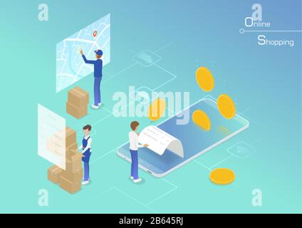 Online business take take phone orders, shopping with smartphone, mobile application. Flat isometric vector illustration digital marketing, ecommerce Stock Vector