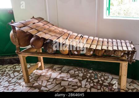 Balafon, ethnic, musical, instrument, movement, frontal view, close up. traditional African marimba music inside. World art of multicultural globalism Stock Photo