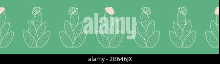 Cactus outline seamless banner background. Cute vector border pattern design of flowering desert plant in green and pink. Stock Vector