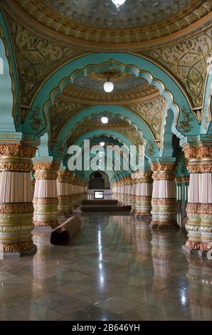 10 Nov 2019,  Mysore, Karnataka, India. Interiors of the Mysore Palace, is a historical palace and a royal residence official residence of the Wadiyar Stock Photo