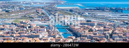 Sète, panorama, city, harbor, aerial, view, tiles, roofs, quay, typical, house, france, languedoc, architecture, skyline, cityscape, residential, town Stock Photo