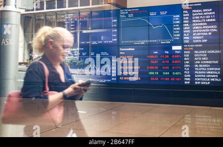 Sydney, Australia. 10th Mar, 2020. reporter walks past an electronic stock board at the Exchange (ASX) in Sydney, Australia, on March 10, 2020. The Australian share market opened modestly
