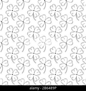 Clover leaves seamless pattern black silhouette isolated on white background. Stock Vector